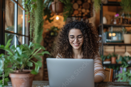 Happy Curly-Haired Woman Using Laptop in Greenhouse Cafe. Vibrant woman with curly hair and glasses working on a laptop surrounded by lush plants in a greenhouse-styled cafe.