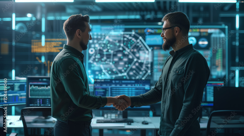 Tech Professionals Handshake in Data Center. Two men in button-up shirts shaking hands in a high-tech data center. Tech Professionals Handshake in Data Center. Two men in button-up shirts shaking hands in a high-tech data center.
