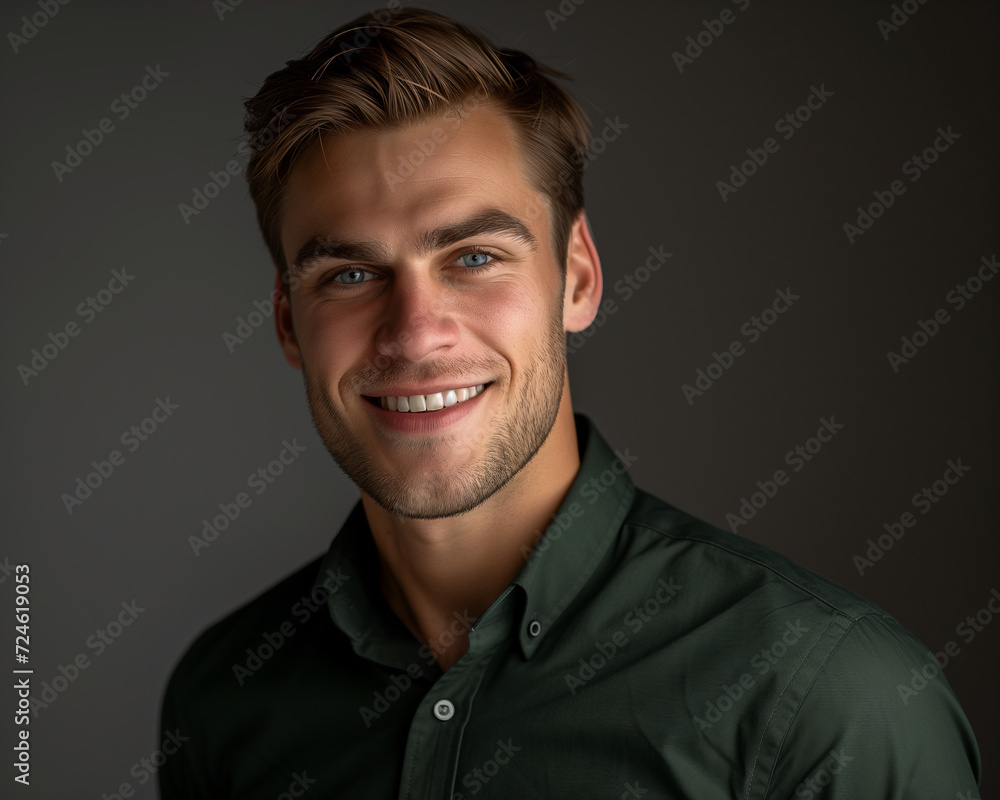Obraz premium Genuine Smile Portrait of Stylish Business Man. Portrait of a man with a warm, genuine smile, wearing a green shirt.