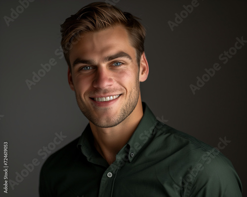 Genuine Smile Portrait of Stylish Business Man. Portrait of a man with a warm, genuine smile, wearing a green shirt.