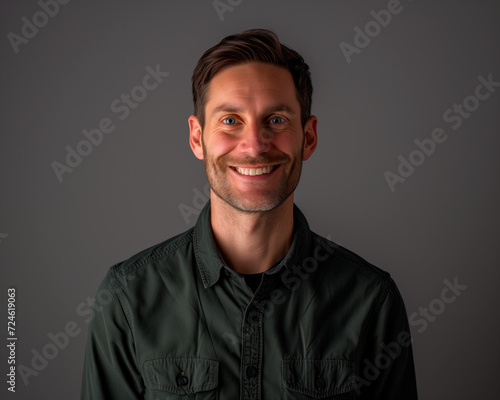 Genuine Smile Portrait of Stylish Business Man. Portrait of a man with a warm, genuine smile, wearing a green shirt.