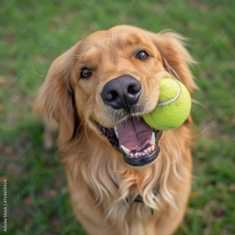 A playful brown dog of a specific breed proudly holds a bright green tennis ball in its mouth while enjoying the outdoors on a lush patch of grass