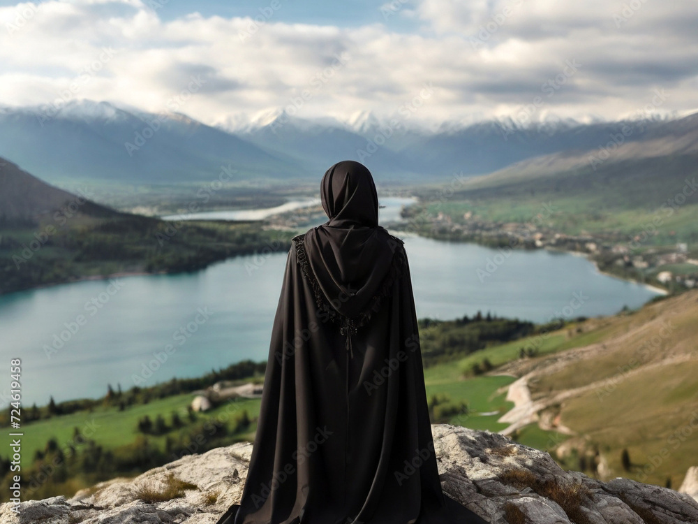 Woman in a black robe stands on the edge of the mountain and looks at the valley. Created using generative AI tools Woman in a black robe stands on the edge of the mountain and looks at the valley. Created using generative AI tools