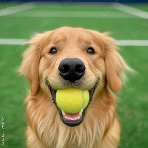 A playful golden retriever happily holds a yellow tennis ball in its mouth, ready for a game of fetch on the green grass