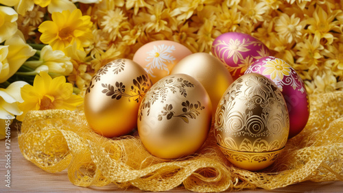 A Bunch of Golden and Pink Eggs Surrounded by Flowers on a Table