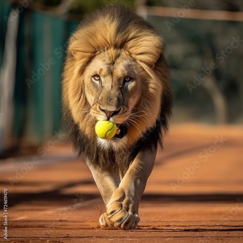 A majestic masai lion playfully holds a bright yellow tennis ball in its powerful jaws, embodying the wild beauty and playful nature of this terrestrial mammal in its natural outdoor habitat photo