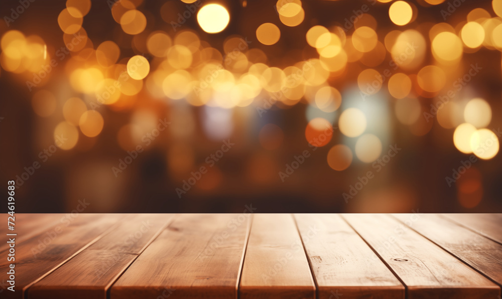 Empty wooden tabletop against a blurred golden bokeh lights, generated by ai Empty wooden tabletop against a blurred golden bokeh lights, generated by ai