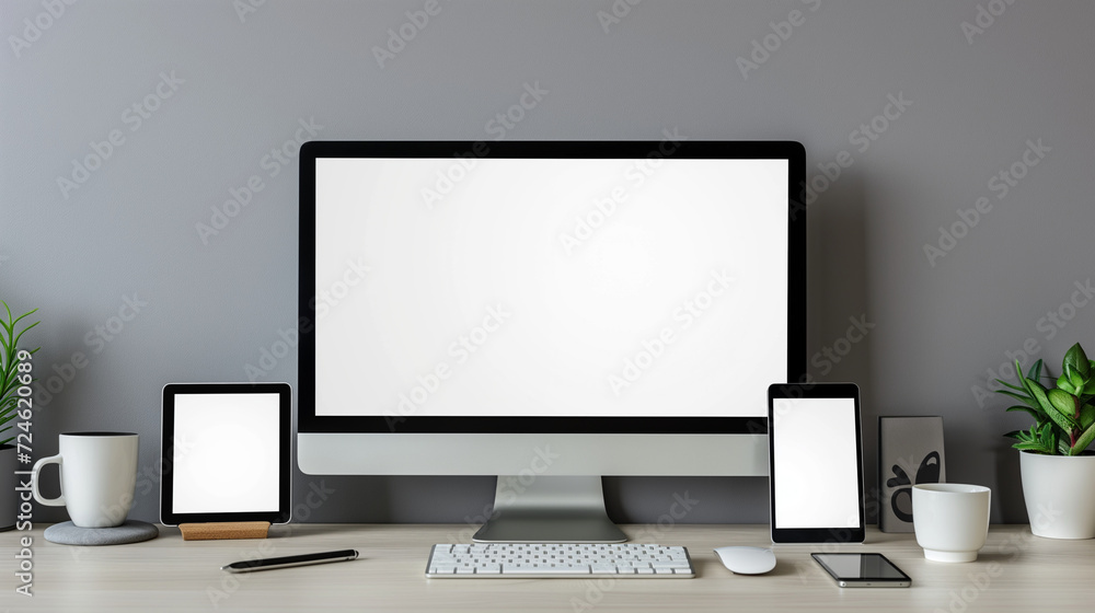 Fototapeta premium sleek modern office desk mockup with blank screens