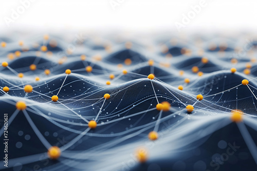 Digital landscape of blue network waves with yellow nodes photo