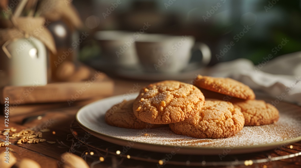 Homemade oatmeal cookies in a plate on a wooden table.