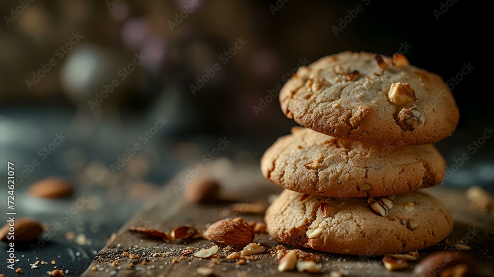 Chocolate chip cookies with almond flakes on dark background, selective focus Chocolate chip cookies with almond flakes on dark background, selective focus