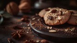 Chocolate chip cookies with nuts on a dark background, selective focus