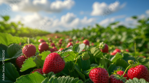 field of strawberry plants under blue sky with white clouds