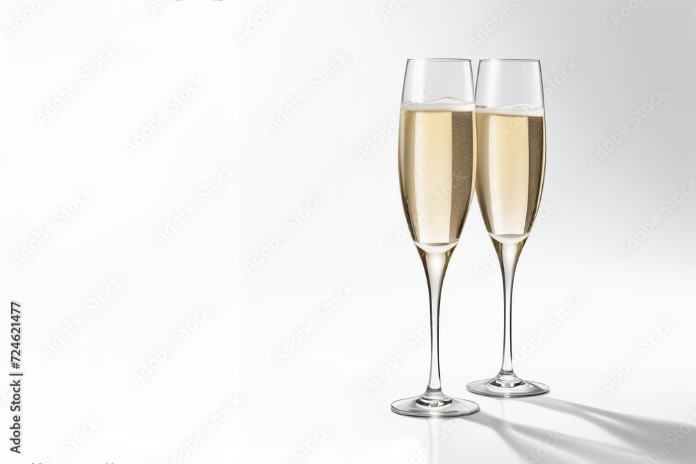 Two glasses of champagne on a light background.