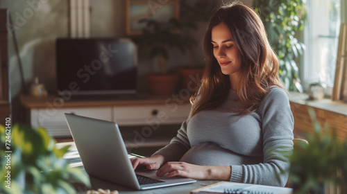 pregnant woman working on laptop in home office