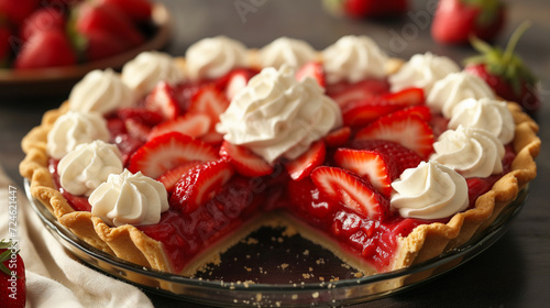 strawberry pie with whipped cream, slice cut out