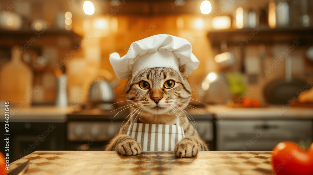 culinary cat in chef's hat and apron in kitchen