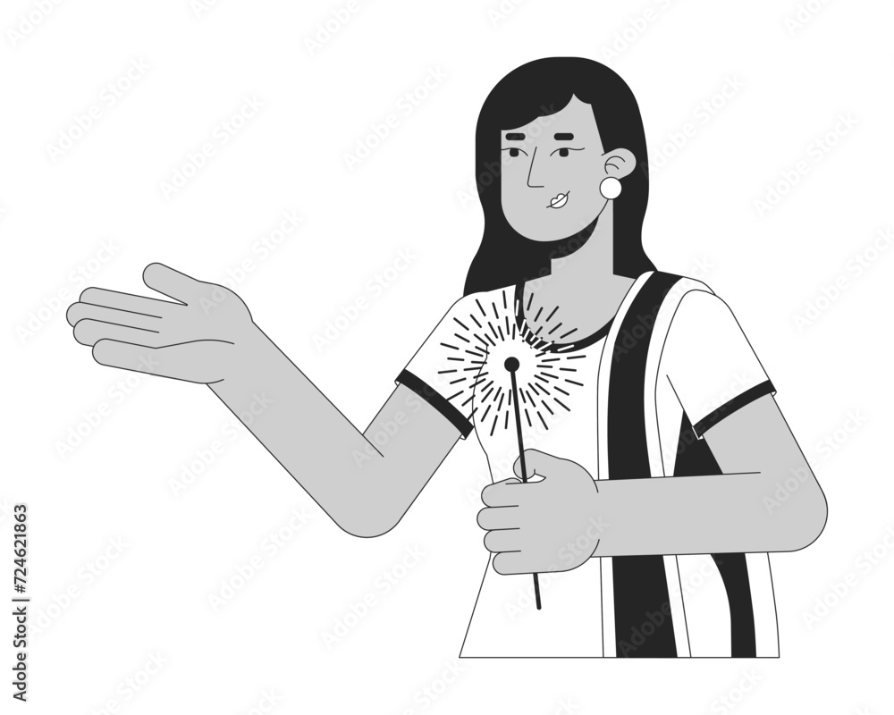 Saree indian lady holding sparkler black and white 2D line cartoon character. Black hair young adult isolated vector outline person. Hindu festival of lights monochromatic flat spot illustration Saree indian lady holding sparkler black and white 2D line cartoon character. Black hair young adult isolated vector outline person. Hindu festival of lights monochromatic flat spot illustration