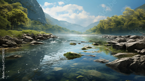 A Serene River Landscape with Lush Greenery and Rocky Terrain