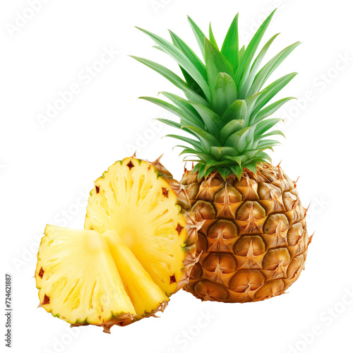 Whole pineapple and pineapple slice. Pineapple with leaves isolate on white. Full depth of field isolated on transparent background