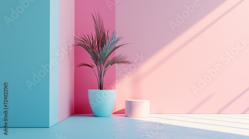 Realistic 3d cylinder pedestal podium and palm tree