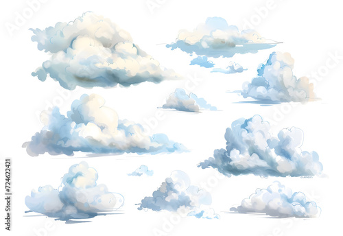 Pastel clouds collection in watercolor style isolated on white background