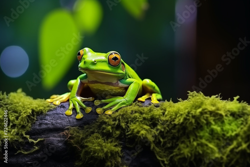 A vivid photo featuring a lifelike frog set against a blurred forest background © Jakraphong