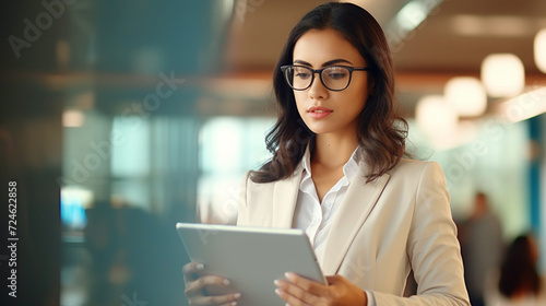 Businesswoman looking into her tablet standing in office - ai generative