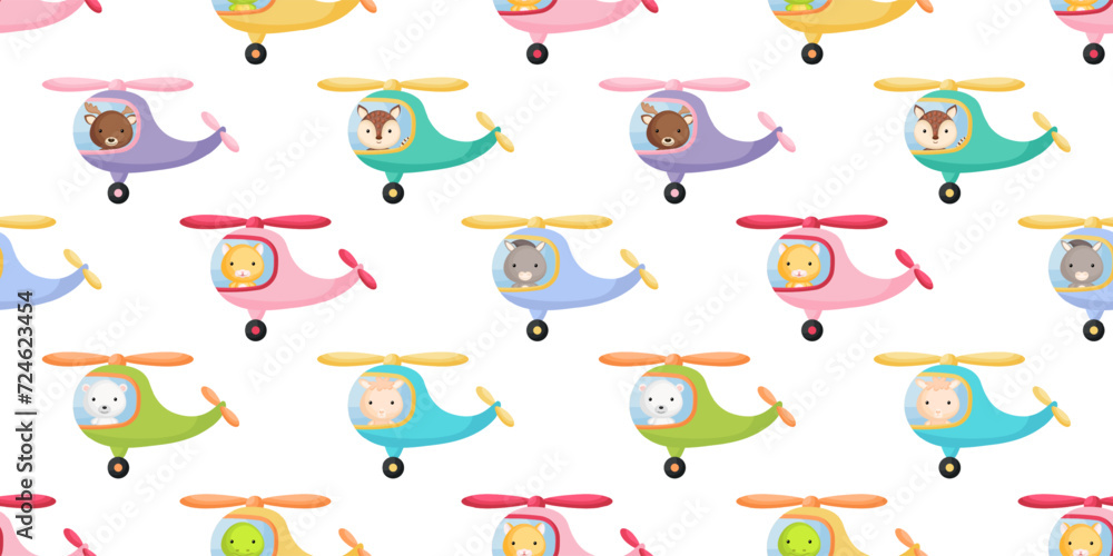Cute little animals fly on helicopter seamless childish pattern. Funny cartoon animal character for fabric, wrapping, textile, wallpaper, apparel. Vector illustration Cute little animals fly on helicopter seamless childish pattern. Funny cartoon animal character for fabric, wrapping, textile, wallpaper, apparel. Vector illustration