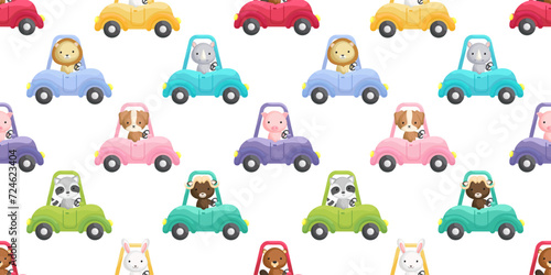 Cute little animals driven car seamless childish pattern. Funny cartoon animal character for fabric, wrapping, textile, wallpaper, apparel. Vector illustration