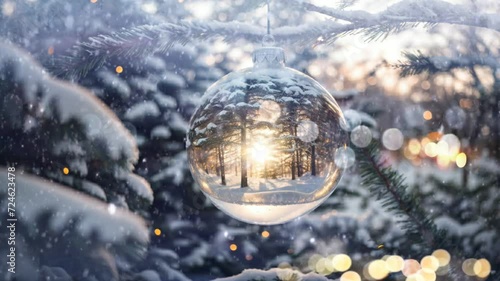Bola de cristal decorada bajo la nieve que cae photo