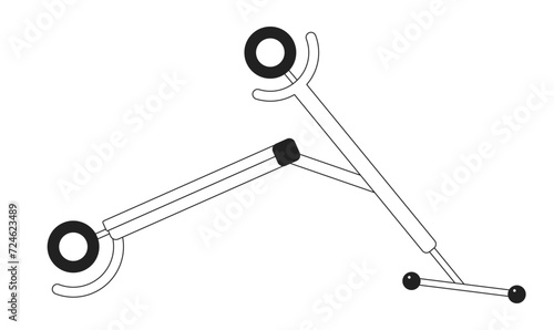 Broken scooter upturned upside down black and white 2D cartoon object. Accident vehicle two wheels. Crushed scooter isolated vector outline item. Damaged transport monochromatic flat spot illustration