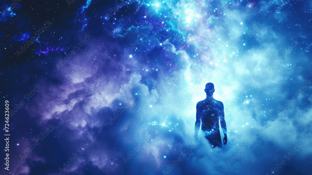 Ethereal silhouette against abstract cosmic backdrop, an astral dance in infinite space, Ai Generated. Ethereal silhouette against abstract cosmic backdrop, an astral dance in infinite space, Ai Generated.