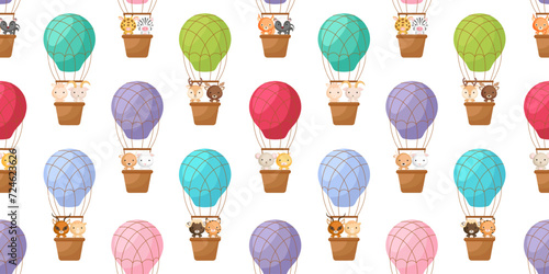 Cute little animals fly on hot air balloons seamless childish pattern. Funny cartoon animal character for fabric, wrapping, textile, wallpaper, apparel. Vector illustration