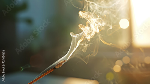 Aesthetic incense stick with smoke on a light sunny background. Spa meditation concept. Copy space. Generative AI photo