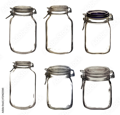 collection de photos détaillées de six pots en verre avec couvercles transparents détourés photo