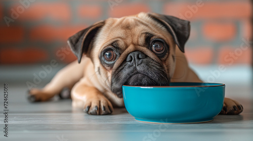 Portrait of a cute funny pug breed dog sitting on the dining room floor near a bowl of dry dog food. © Алекс Ренко