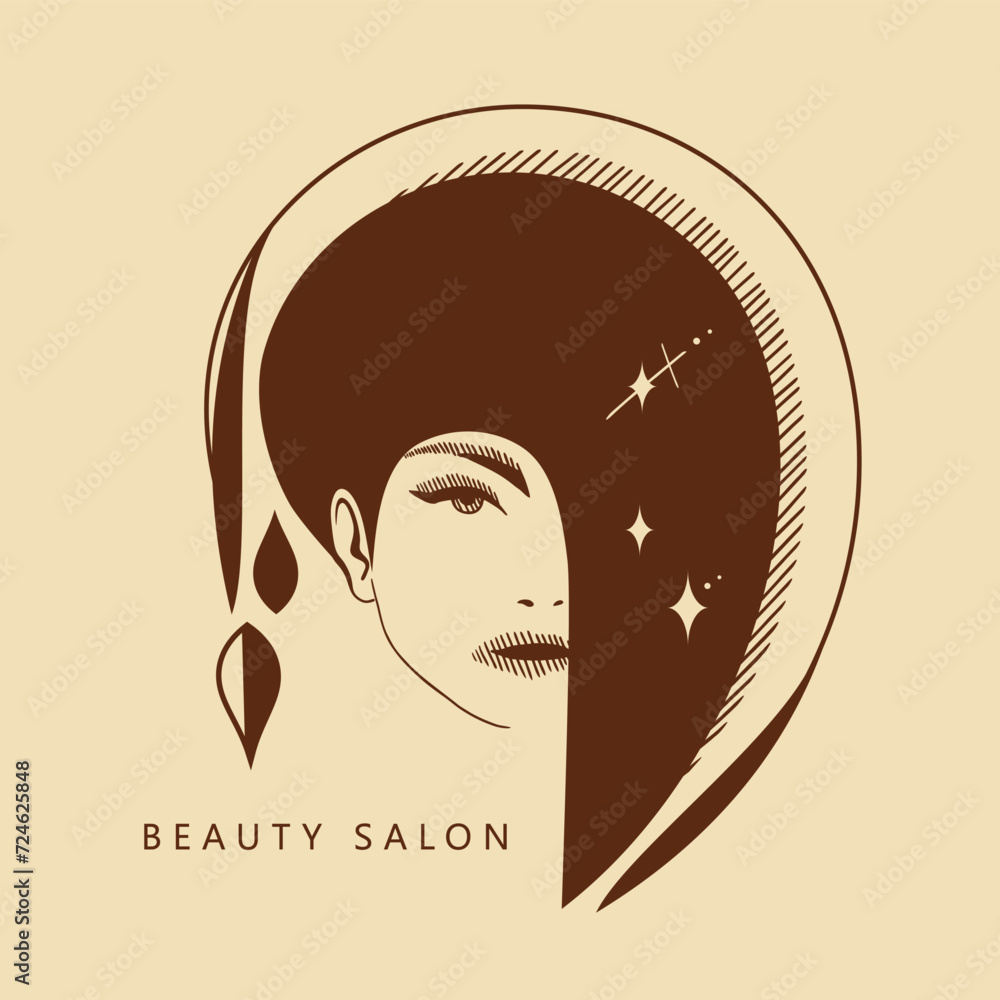 Face of young woman with dark hair, stars and floral elements. Graphics, hatching. Portrait in Art Deco, Art Nouveau, modern style. Logo of the beauty salon. Face of young woman with dark hair, stars and floral elements. Graphics, hatching. Portrait in Art Deco, Art Nouveau, modern style. Logo of the beauty salon.