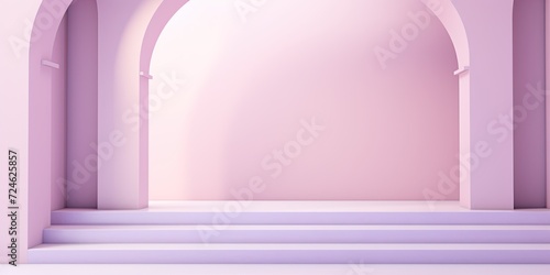 Minimal interior with arches and stairs, pastel pink and purple backgrounds for product banners, and an empty label.