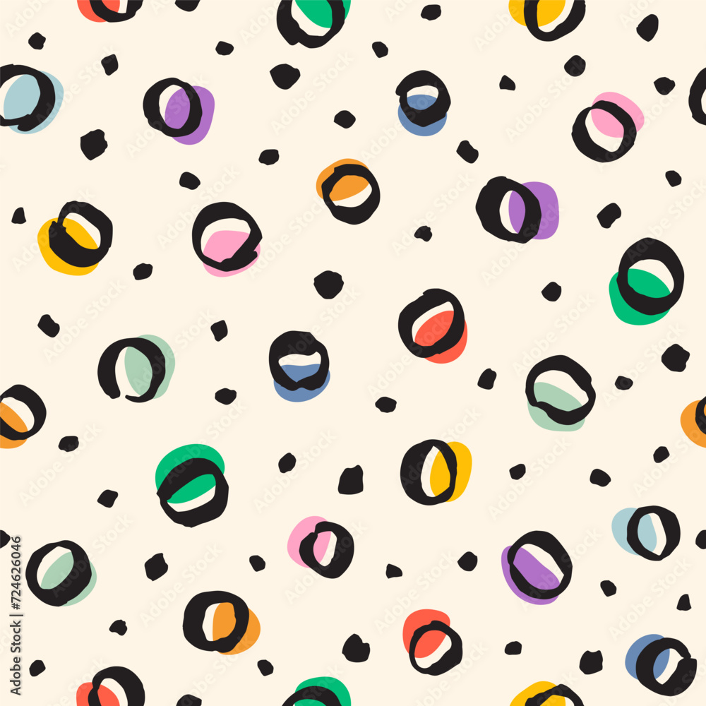 Hand brush drawn spots, circles, rings seamless vector pattern. Doodle specks, flecks, round paint stains or uneven dots of different size texture. Abstract colorful background. Artistic print design.