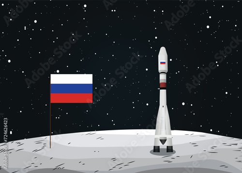 Russia luna rocket on moon with russian flag and black sky and stars. | Vector illustration 