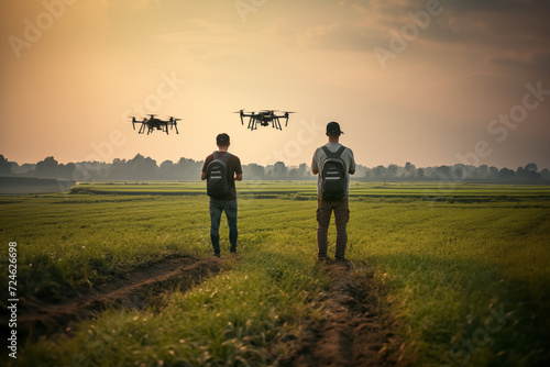 Rear view of two Farmers with drones on the field