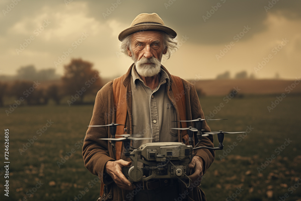 Old Farmer on the field is holding drone Old Farmer on the field is holding drone