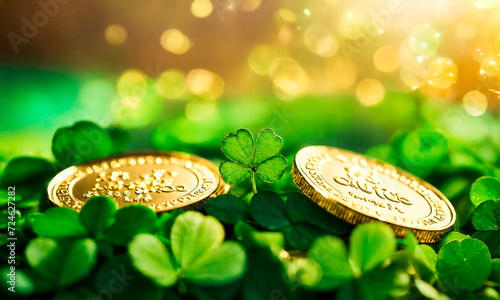 Coins and clover for St. Patrick's Day. Selective focus.