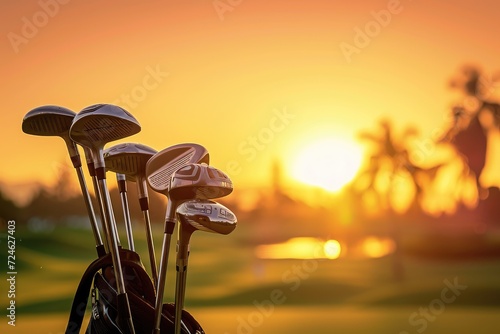 Golf club and golf ball on golf course with beautiful sunset background photo