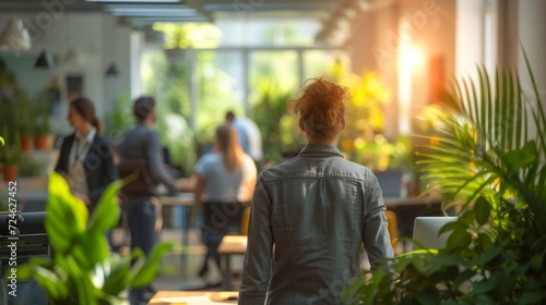 Describing an Office Environment with Casual-Dressed People and Blurry Bokeh ...