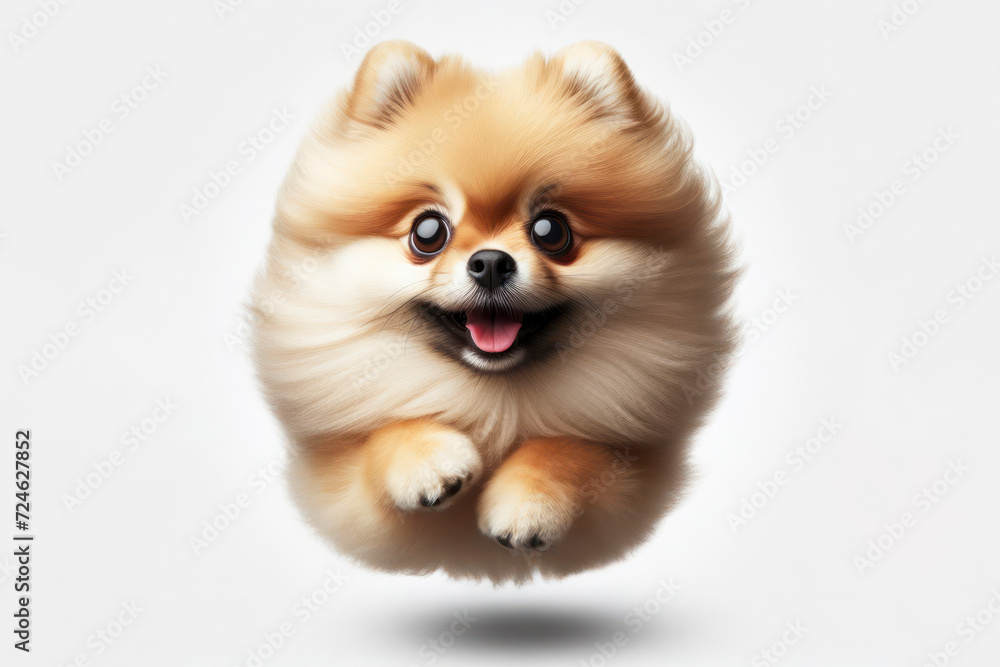 Pomeranian dog with bulging big eyes run and jump isolated on solid white background. ai generative