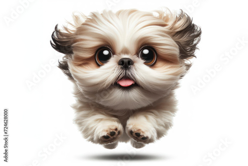 Shih Tzu dog with bulging big eyes run and jump isolated on solid white background. ai generative