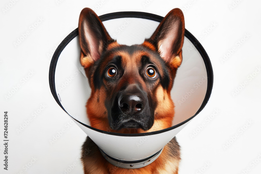 surprised German Shepherd with bulging big eyes a dog in a veterinary protective collar. ai generative