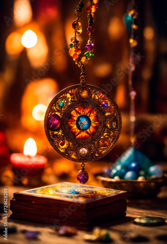 Accessories and candles for fortune telling on the table. Selective focus. photo